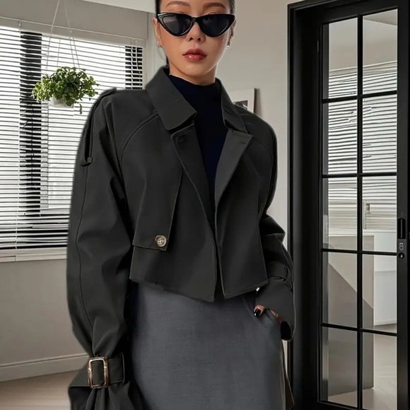 Black Cropped Trench Jacket with Belted Statement Sleeves - Picture 2 of 2